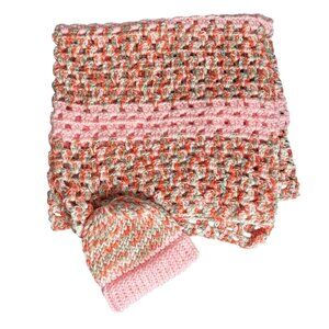 Handmade Crochet Baby Toddler Crib Blanket Beanie Hat Set Pink Multicolor NEW